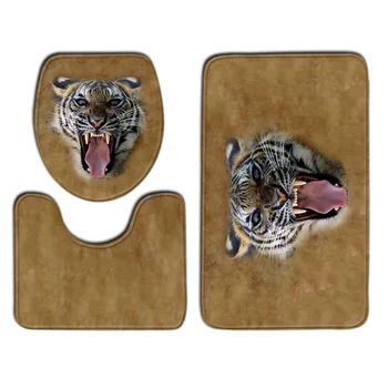 3 Buc/Set Model Animal Tigru / Lup / Câine Non-Alunecare Mat Baie Set De Baie Covor În Formă De U, Toaletă Mat Capacul