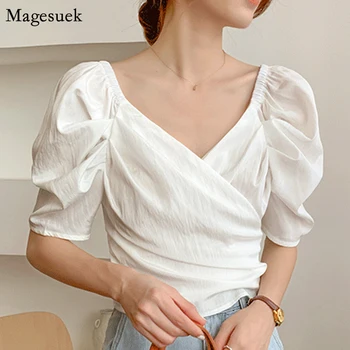 Coreeană Dantelă-Up de Vară V-neck Tricou Chic Femei Puff Maneca Scurta Solid Femeie Bluze Casual Șifon Cămașă Topuri Blusas Femme 14277