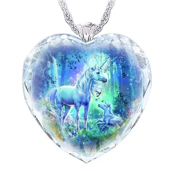 Inima în Formă de Sticlă de Cristal Drăguț Unicorn Familie Pandantiv Colier pentru Femei Colier Moda de Metal Animal Accesorii Petrecere Bijuterii