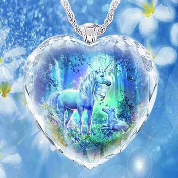 Inima în Formă de Sticlă de Cristal Drăguț Unicorn Familie Pandantiv Colier pentru Femei Colier Moda de Metal Animal Accesorii Petrecere Bijuterii