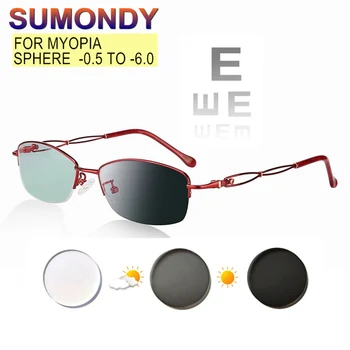 SUMONDY Photochromic Prescription Glasses Myopia -0.5 to -6.0 Women Exquisite Nearsighted Spectacles Photo Gray Sunglasses UF94