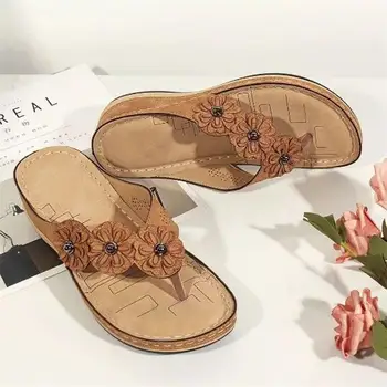 Nouă Femei Sandale De Vară Floare De Epocă Femei Papuci Wedge Flip-Flop-Uri De Sex Feminin Sandale Cu Platforma 2021 Casual, Papuci De Femei Pantofi