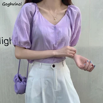 Bluza Femei Elegante Vara Manșon de Puf Dulce Bomboane de Culoare V-gât Stil coreean Cultură Moda All-meci Fata de Partid Strada Harajuku