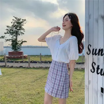 Bluza Femei Elegante Vara Manșon de Puf Dulce Bomboane de Culoare V-gât Stil coreean Cultură Moda All-meci Fata de Partid Strada Harajuku