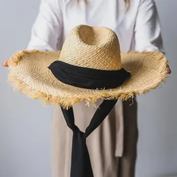 2021 Noi Femeile Naturale Fedora Jazz Pălării de Soare cu Trei culori Panglică Lungă de Vară, Rafie, Paie Margine Largă Capace Petrecere pe Plaja Palarie de Soare