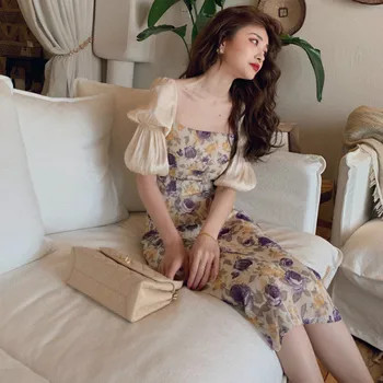 2020 Femei Elegante Vara Pătrat Guler Violet Rose Bodycon Rochie Lungă Șifon Raionul Maneca Mozaic Rochii Midi