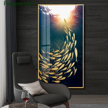 Abstract, Albastru De Mare, Pește De Aur Panza Pictura Nordică Peisaj Ocean Poster Print Modern, Luxos, Imagine Hol Decor Acasă