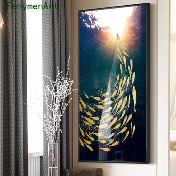 Abstract, Albastru De Mare, Pește De Aur Panza Pictura Nordică Peisaj Ocean Poster Print Modern, Luxos, Imagine Hol Decor Acasă
