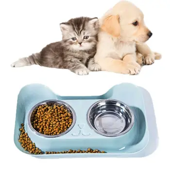 Animal De Casă Pisică Câine Castron Dublu Pet Feeder Din Oțel Inoxidabil + Plastic Non-Alunecare De Siguranță Material Apă Container Pentru Alimente