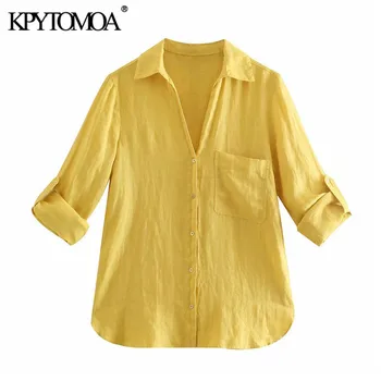 KPYTOMOA Femei 2021 Moda Cu Buzunar de Bază Lenjerie Bluze Vintage Lungi Roll-up Mâneci Partea de Guri de sex Feminin Tricouri Topuri Chic