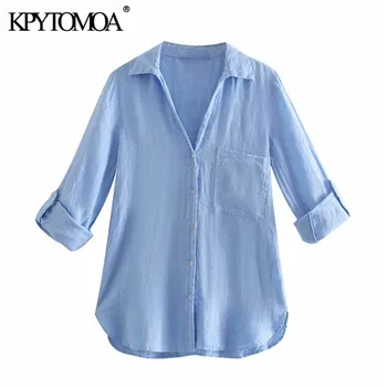 KPYTOMOA Femei 2021 Moda Cu Buzunar de Bază Lenjerie Bluze Vintage Lungi Roll-up Mâneci Partea de Guri de sex Feminin Tricouri Topuri Chic