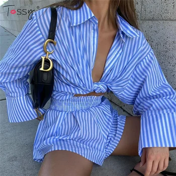 Tossy Noua Moda Femei Set Bluza Cu Dungi Tricouri Și Pantaloni Scurți Set De Potrivire Maneca Lunga Femei Topuri Casual Crop Top De Vară 2021