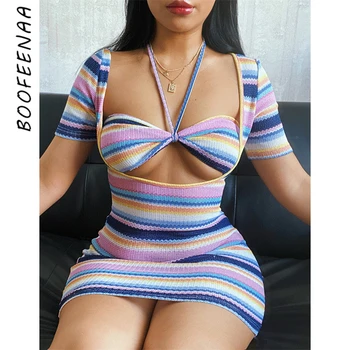 BOOFEENAA Dungi Colorate Tricotate Rochie Bodycon Femeii Seturi de Îmbrăcăminte Rochie din Doua Piese Clubwear Gol Halter Rochie Mini C76CB16