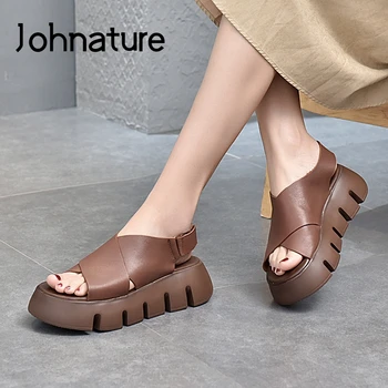 Johnature Piele Naturala Femei Sandale Pantofi Retro Cârlig & Bucla De Pene 2021 Nou Manual Concis Agrement Doamnelor Sandale Cu Platforma