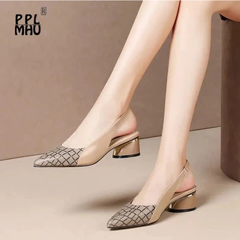 PU Piele Model Grilă a Subliniat Top Sandale Elegante cu Toc Low Alunecare Pe Birou Doamnă Singură Pantofi Sexy, Pantofi Femei Mature Papuci