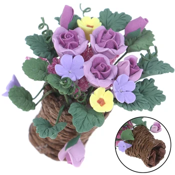 Casă de păpuși Miniaturale de Lut Flori din Rattan, Iarbă de Plantat Zână Grădină de Plante Accesoriu 1:12 Scara de Flori Violet