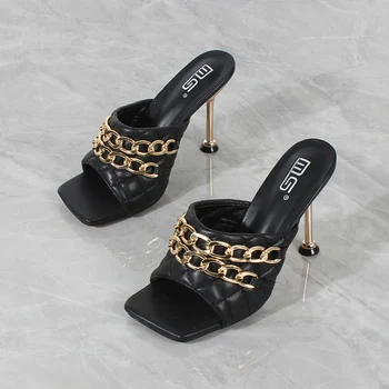 Sandale cu toc înalt 2021 vara noi stilet de metal lanț decor PU diamant material petrecere de moda papuci de 9.5 CM