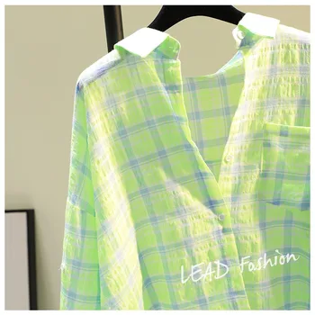2021 Primavara-Vara Doamnelor Verde Singur Buzunar Lenjerie De Pat Din Bumbac Bluza Carouri Nou Stil Coreean Liber Casual Pentru Femei Tricou De Moda De Top