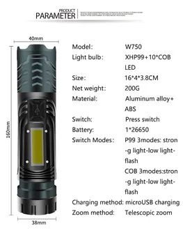 Noua Lanternă Tactică XHP99+COB LED Lanterna Lanterna USB cu Fereastra Ciocan Reîncărcabilă Lanterna LED rezistent la apa Lanterna