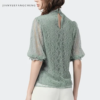 Puff Maneca Dantela Femei De Top De Vară 2021 Noi Chingi Lumina Verde Cârlig De Flori Bluza Vrac Plus Dimensiune Moda All-Meci Camasa Casual