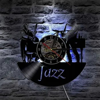 Muzica Jazz Saxofon Ceas de Perete 3D disc de Vinil Ceas de Perete Mut Retro Tăcut Ceas cu LED-uri cu Baterii pentru Camera de zi Decor