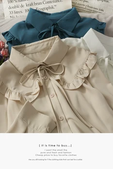 Volane Rândul său, în Jos Guler Vintage pentru Femei Tricou Femei Elegante Butonul Șifon Bluza de sex Feminin coreeană Liber Birou Doamnelor Tricou Topuri