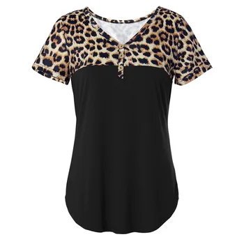 Leopard Tricouri Femei Casual De Vara Pierde T-Shirt De Imprimare Leopard Împletit Short Sleeve V-Neck Butonul Topuri Tee Doamnelor Pulover De Sus