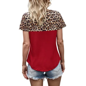 Leopard Tricouri Femei Casual De Vara Pierde T-Shirt De Imprimare Leopard Împletit Short Sleeve V-Neck Butonul Topuri Tee Doamnelor Pulover De Sus