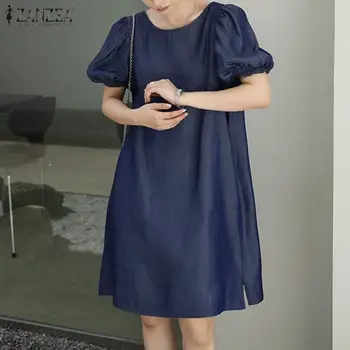 Moda pentru femei Genunchiului Rochie Office Doamnelor Solid Vestido Casual de zi cu Zi Puff Maneca Rochii Supradimensionate ZANZEA 2021 Vara O de Gât Halat
