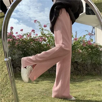 Casual Pantaloni Drepte Solide Partea Roz-split coreeană Stil Dulce Slim Liber Liber Feminin Drăguț Retro Elegant Licitație Elevii Chic