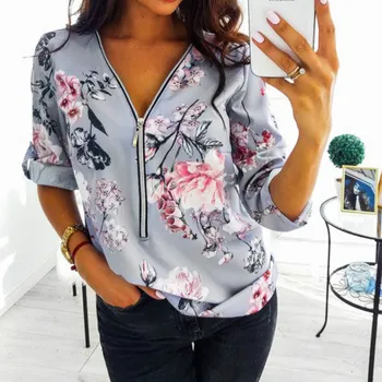 Elegant Florale De Imprimare Femei Bluze 2021 Toamna Cu Maneci Lungi V-Neck Topuri Camasi De Lucru Feminine Cu Fermoar Pulover Mujer Blusa