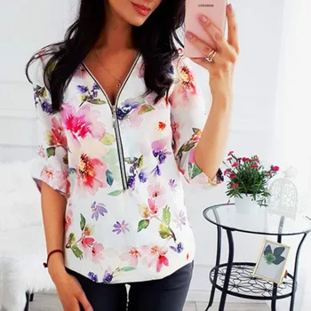Elegant Florale De Imprimare Femei Bluze 2021 Toamna Cu Maneci Lungi V-Neck Topuri Camasi De Lucru Feminine Cu Fermoar Pulover Mujer Blusa