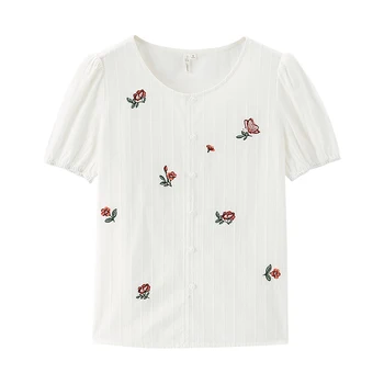 INMAN Vara Bluza Femei Pastorală Stil Guler Rotund Linii Verticale Jacquard Butoane Contrastante de Culoare Broderie FlowerShirt