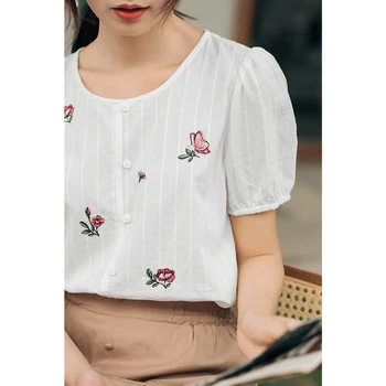 INMAN Vara Bluza Femei Pastorală Stil Guler Rotund Linii Verticale Jacquard Butoane Contrastante de Culoare Broderie FlowerShirt