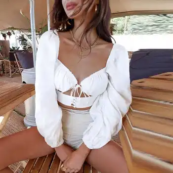 Alb Bluza Femei franceză Gol V-neck Solid Maneca Lunga Nou Toamna Sexy Top Femei Casual Topuri de Cultură Blusas Mujer De Moda
