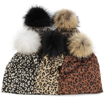 Geebro Cu Dungi De Imprimare Leopard Casual Beanie Toamna Și Iarna Cald Cu Raton Pom Pom Moda Craniul Feminin Pălărie Capace