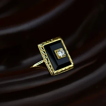Vintage square shap inele pentru femei Naturale de Onix Negru clar zircon S925 argint bijuterii fine casual Festival degetul accesoriu
