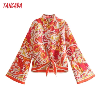 Tangada Femei Vintage Red Floral Print Boho Stil Camasa Maneca Lunga 2021 Chic Feminin Casual Tricou Vrac 5Z275