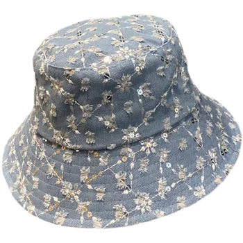 Primavara-vara margine largă doamna bucket hat spălate denim paiete rupt capacul femeile în aer liber, protectie UV pălărie tendință de street wear deco
