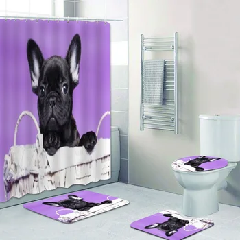 Amuzant 3D Bulldog francez Duș Cortina Perdele de Baie Set Frenchie Câine Toaletă Covor Covor pentru Duș Mat Catelus de Companie Decor Cadou