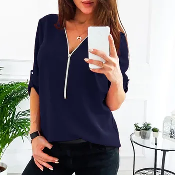Camisa de Vânzare de Top Femei Casual Șifon V-Neck Maneca Lunga cu Fermoar Frontală Tricou Vrac Top Bluza