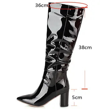 Lasyarrow 2020 Moda Faux Din Piele De Brevet Genunchi Ridicat De Femei Cizme De Iarna Bloc Tocuri Alb Negru Pentru Femei Pantofi Subliniat Toe