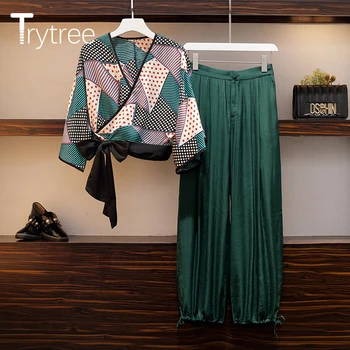 Trytree 2021 Vara Femei Din Două Piese Set Casual Arc Geometrice Scurt, Tricou + Pantaloni Largi Picior Elastic Talie Doamnă Birou 2 Bucata Set