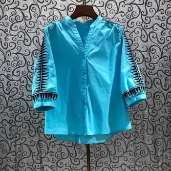 De Înaltă Calitate Din Bumbac Tricouri 2021 Stil De Vara Bluze Femei V-Neck Modele Geometrice Broderie Casual Galben Albastru Topuri Tricou