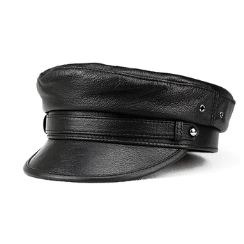Brand De Lux Pălărie Femei Barbati Militare Capace Negre Din Piele Adevărată Elevii Pălării Plat Feminin Toamna Iarna Căpitanul Capace