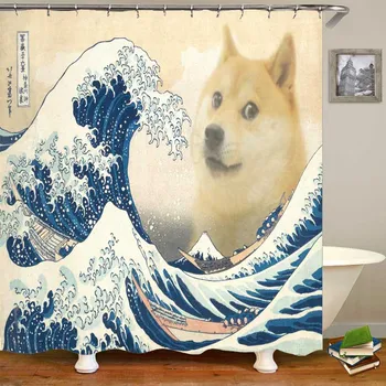 Noutatea Meme Marele Val Doge Perdea de Duș Shiba Inu în Mare Val de Baie Cortina Glumă Amuzant Cățeluș Câine Animal de Decor Acasă