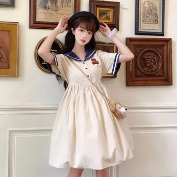 Vara 2020 Nou Japoneză Dulce lolita rochie Drăguț Guler Marinar Urs Broderie Student Scurt Mânecă Rochie pentru femei rochie zână