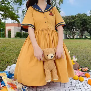 Vara 2020 Nou Japoneză Dulce lolita rochie Drăguț Guler Marinar Urs Broderie Student Scurt Mânecă Rochie pentru femei rochie zână