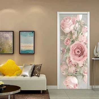 Trandafiri roz Tapet 3D Ușa Autocolant rezistent la apa Detasabil Poster Dormitor Decor Mural Acasa Art Decor Perete Decal Deurstickers