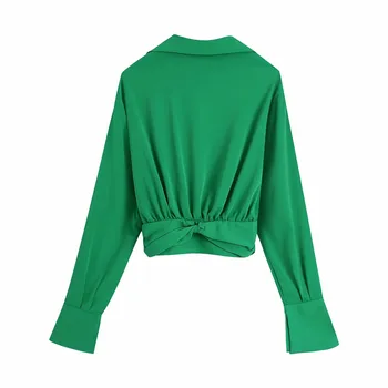 TRAF Za Verde Top Femei Sexy Crop Top cu Maneca Lunga Bluze Femei Casual Nod cu Guler Scurt Femeie Bluză de Vară 2021